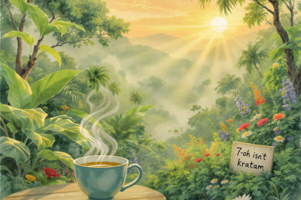 Cup of kratom tea in a jungle with a sign that says ‘7-OH isn’t kratom