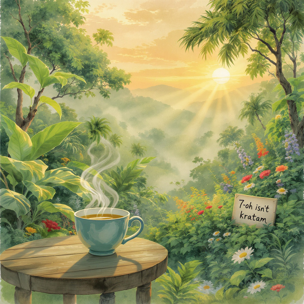 Cup of kratom tea in a jungle with a sign that says ‘7-OH isn’t kratom