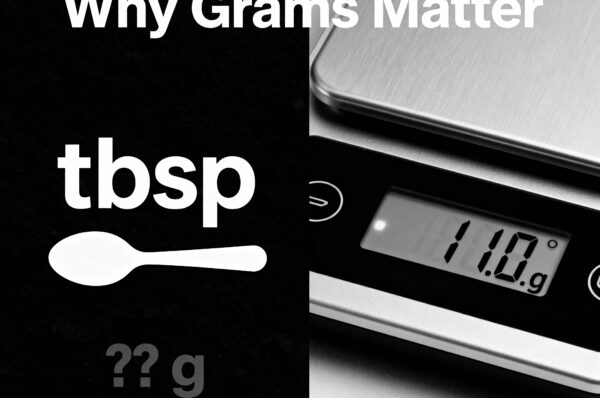 Split thumbnail: left shows a big “tbsp” spoon icon with faded “?? g”; right shows a digital kitchen scale reading “11.0 g.” Bold headline across the image: “Why Grams Matter.”