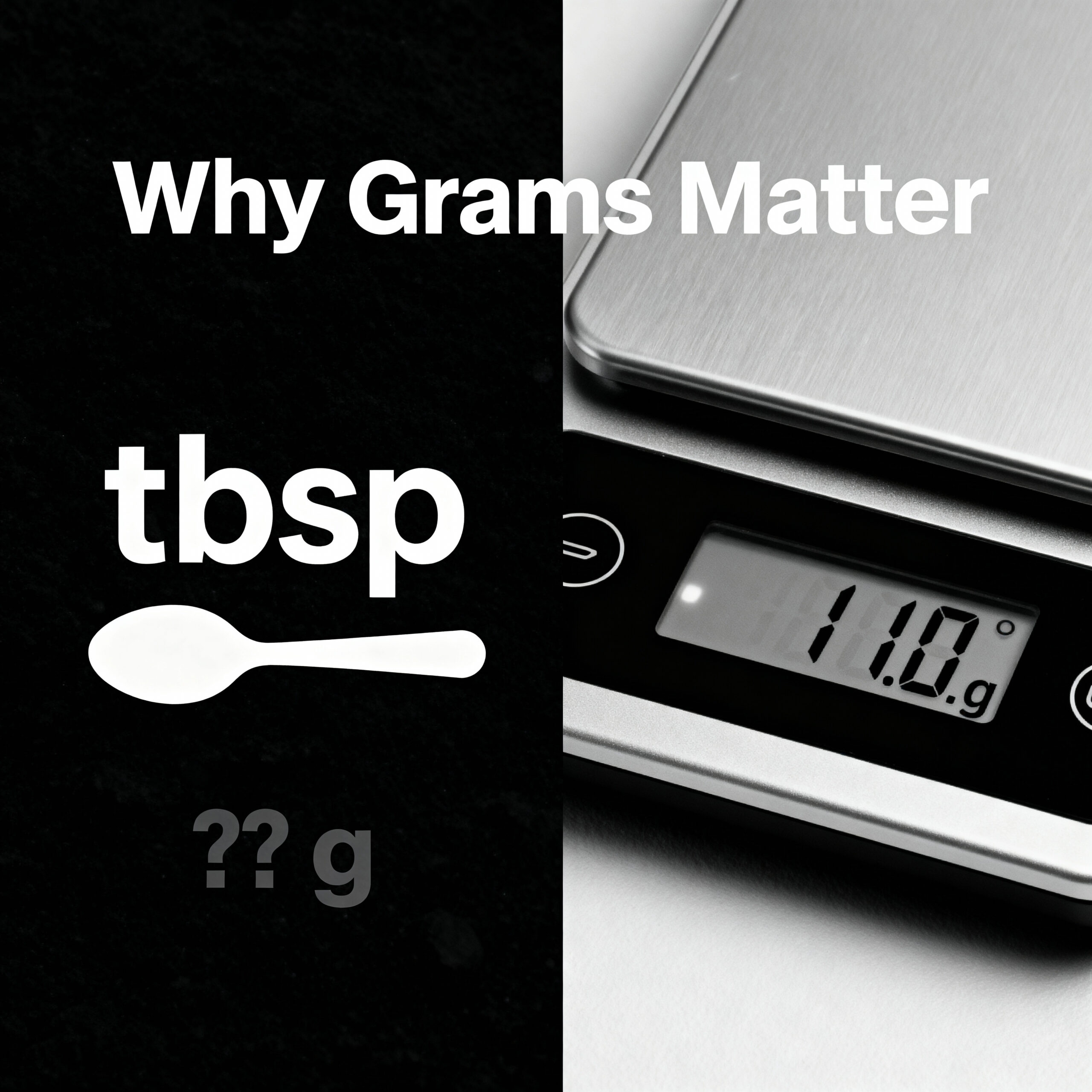 Split thumbnail: left shows a big “tbsp” spoon icon with faded “?? g”; right shows a digital kitchen scale reading “11.0 g.” Bold headline across the image: “Why Grams Matter.”