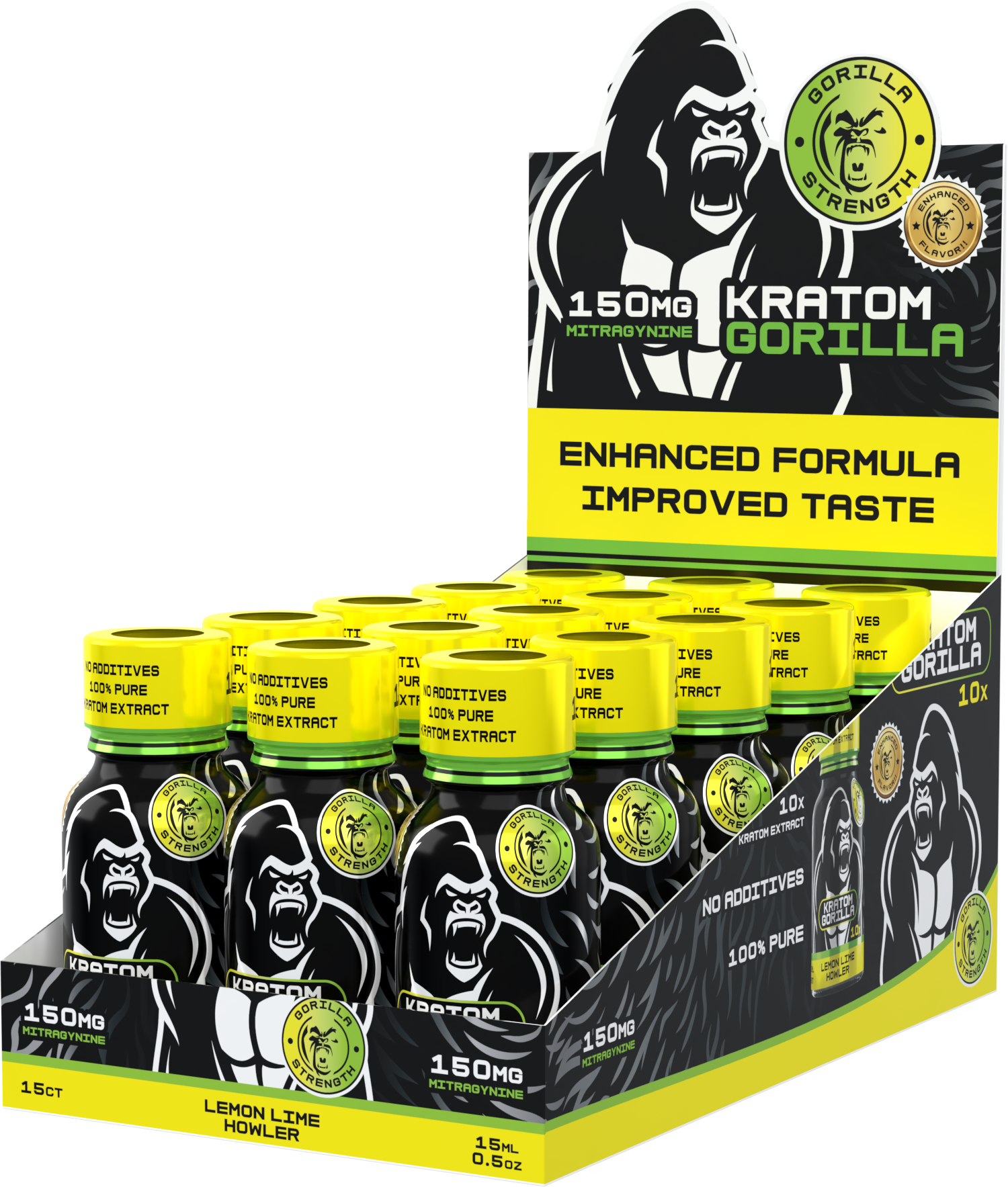 Kratom/Mit Gorilla Shots 150mg (15ml) 150 mg kratom “Gorilla Shot” in a small ready-to-drink bottle on a clean studio background; front label visible.
