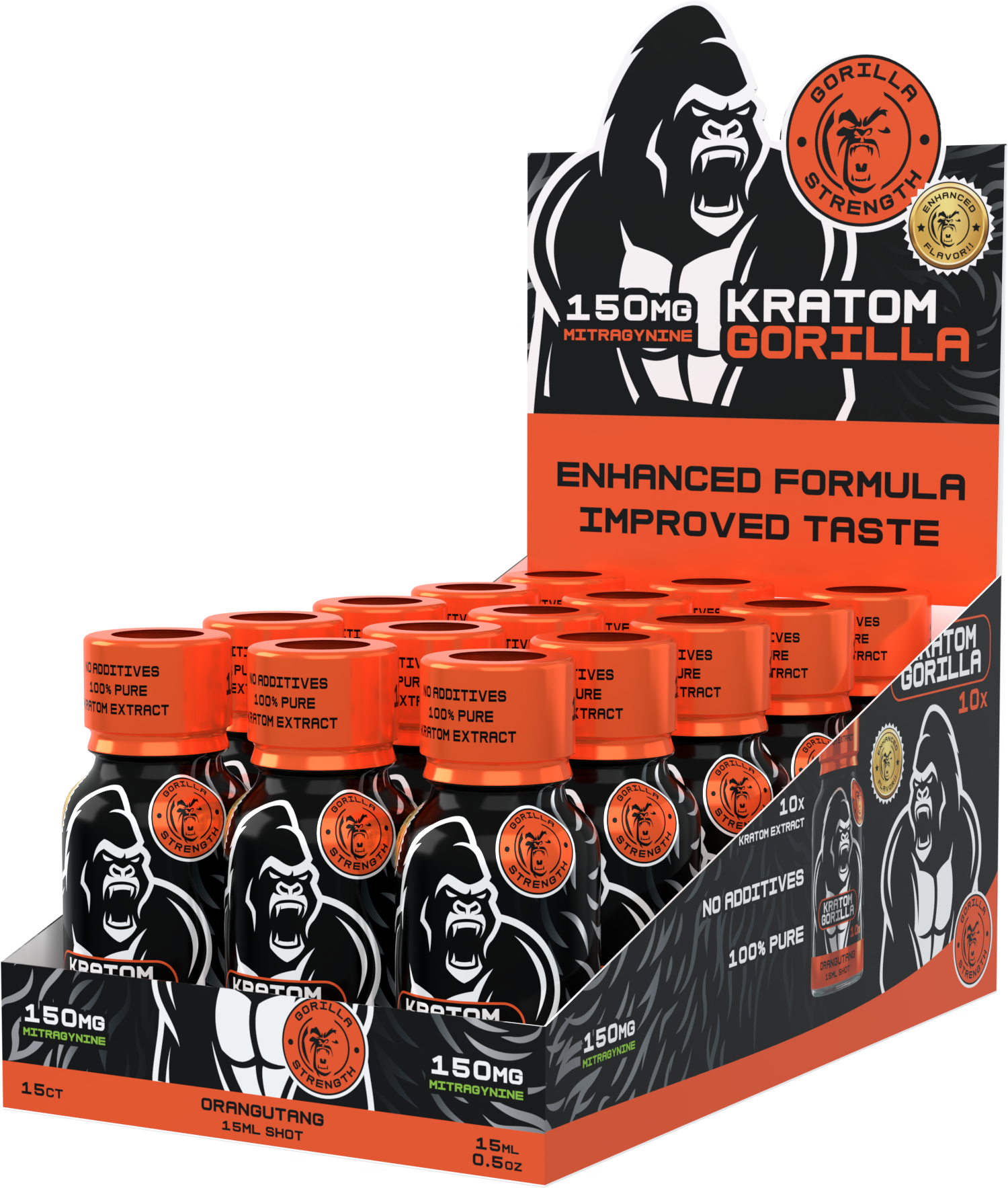 Kratom/Mit Gorilla Shots 150mg (15ml) 150 mg kratom “Gorilla Shot” in a small ready-to-drink bottle on a clean studio background; front label visible.