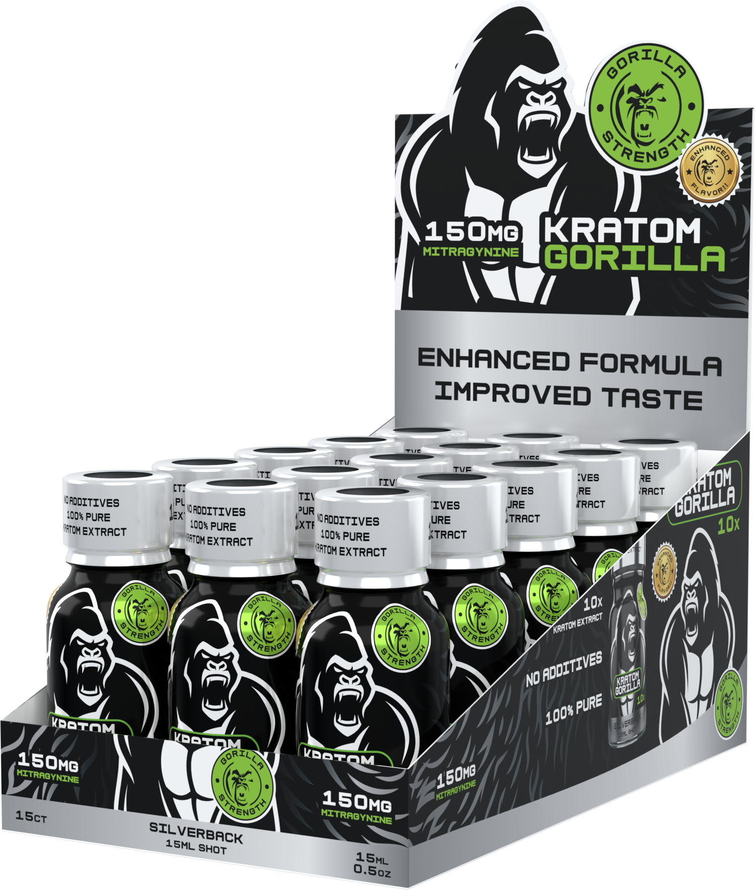 Kratom/Mit Gorilla Shots 150mg (15ml) 150 mg kratom “Gorilla Shot” in a small ready-to-drink bottle on a clean studio background; front label visible.