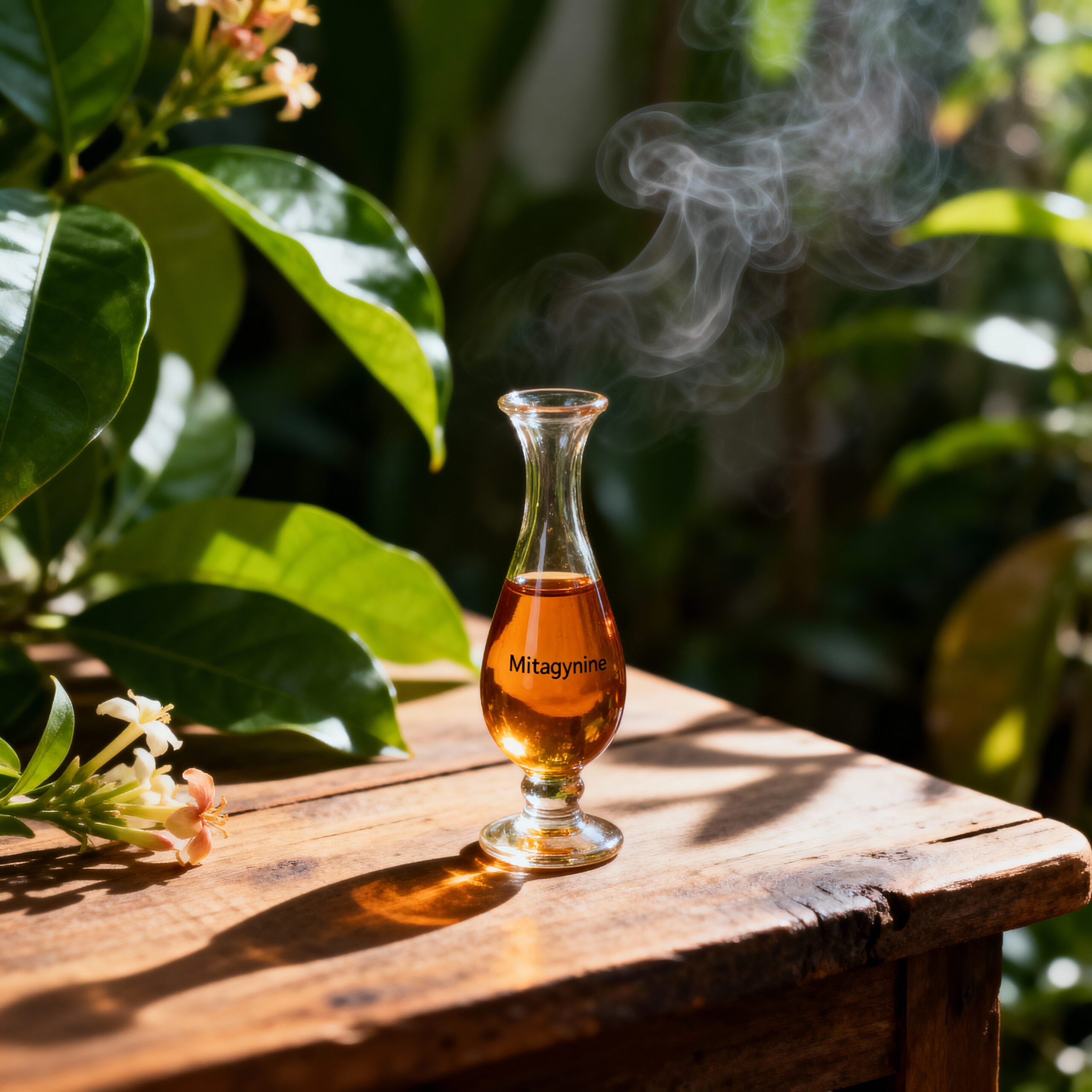 Close-up of mitragynine extract concentrate in a small amber bottle with dropper on a clean, neutral background; product category image.